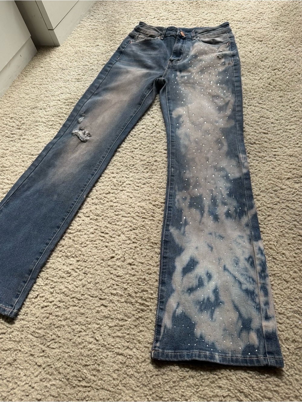 Reworked Rhinestone Artisan Bleached Distressed Wide Leg Jeans OOAK Y2K Boho XS - Picture 9 of 14